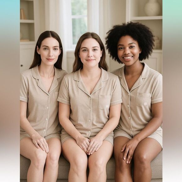 BORN XL Soft Oatmeal White Short Sleeve Button Down Notched Collar Shorts PJ Set - Picture 4 of 8